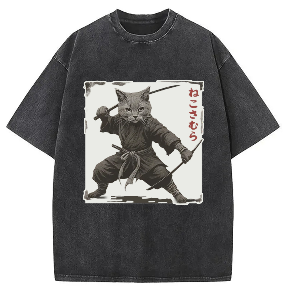 Modecanvas Handsome Cat Samurai Washed T-Shirt