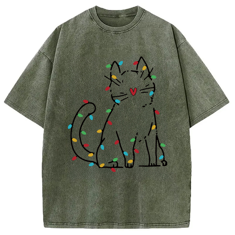 Modecanvas Japan Christmas Lights Cat Washed T-Shirt