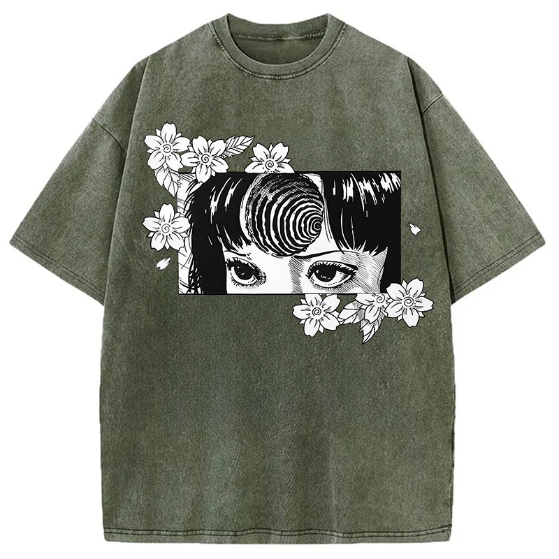 Modecanvas Girl and Flowers DTG Printing Washed T-Shirt-modecanvas