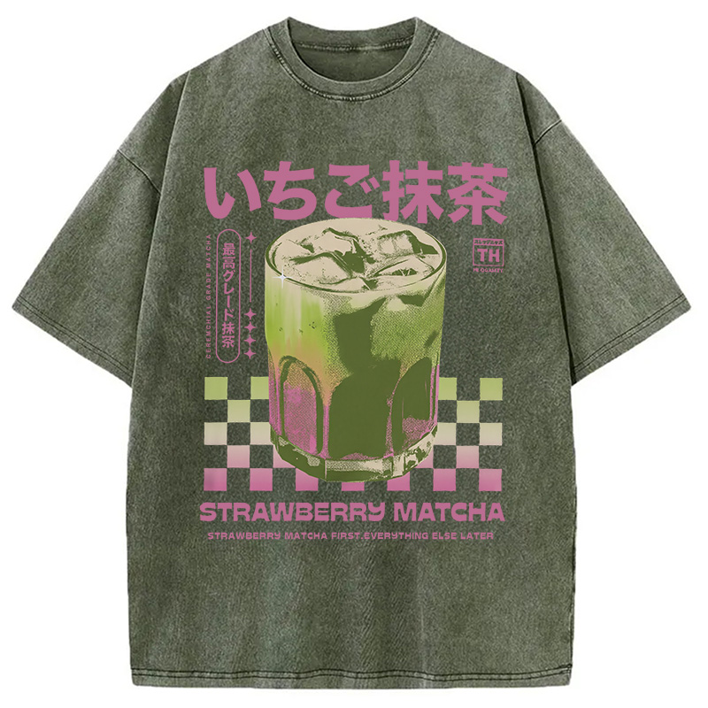 Modecanvas Strawberry Matcha Drink Washed T-Shirt