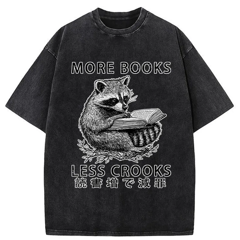 Modecanvas Raccoon Reading Books Less Crooks Washed T-Shirt