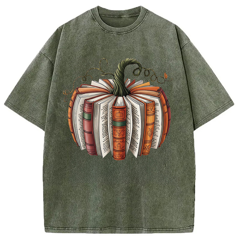 Modecanvas Fall Book Pumpkin Halloween Washed T-Shirt