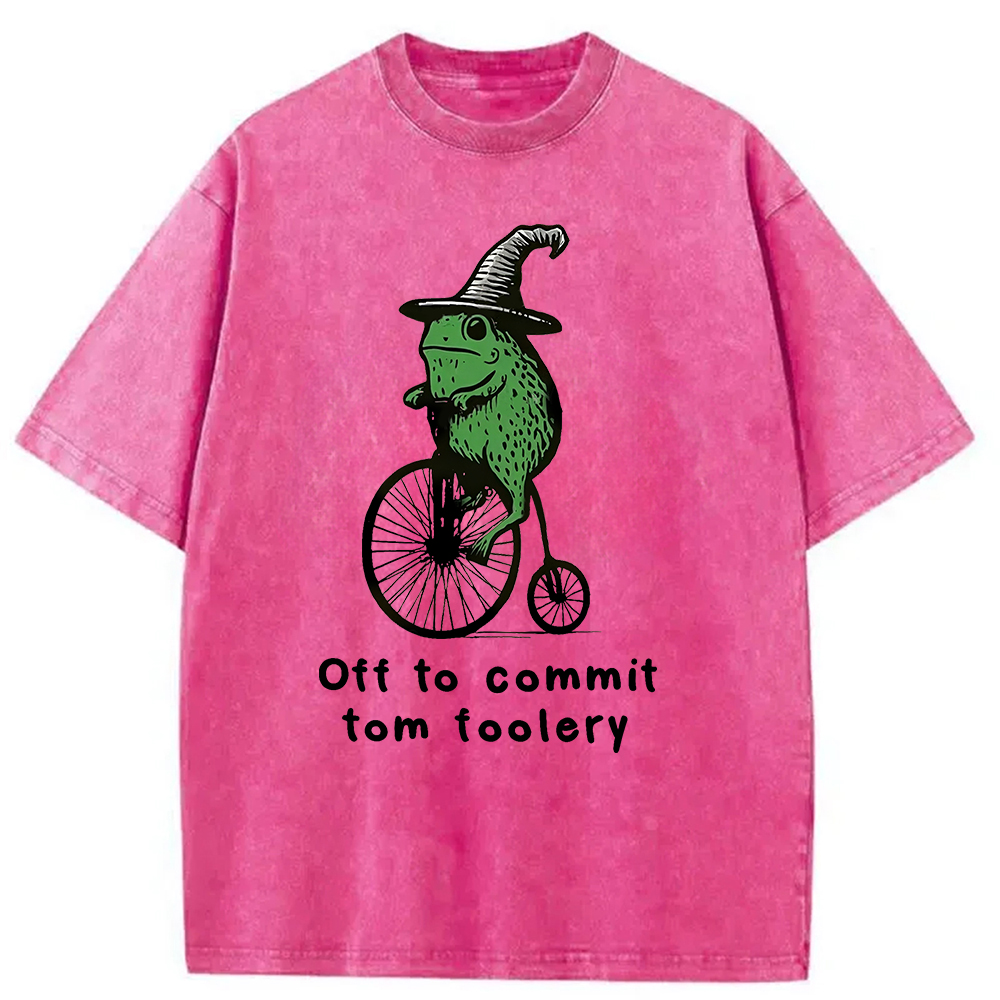 Modecanvas Frog Riding Penny-farthing Washed T-Shirt-modecanvas