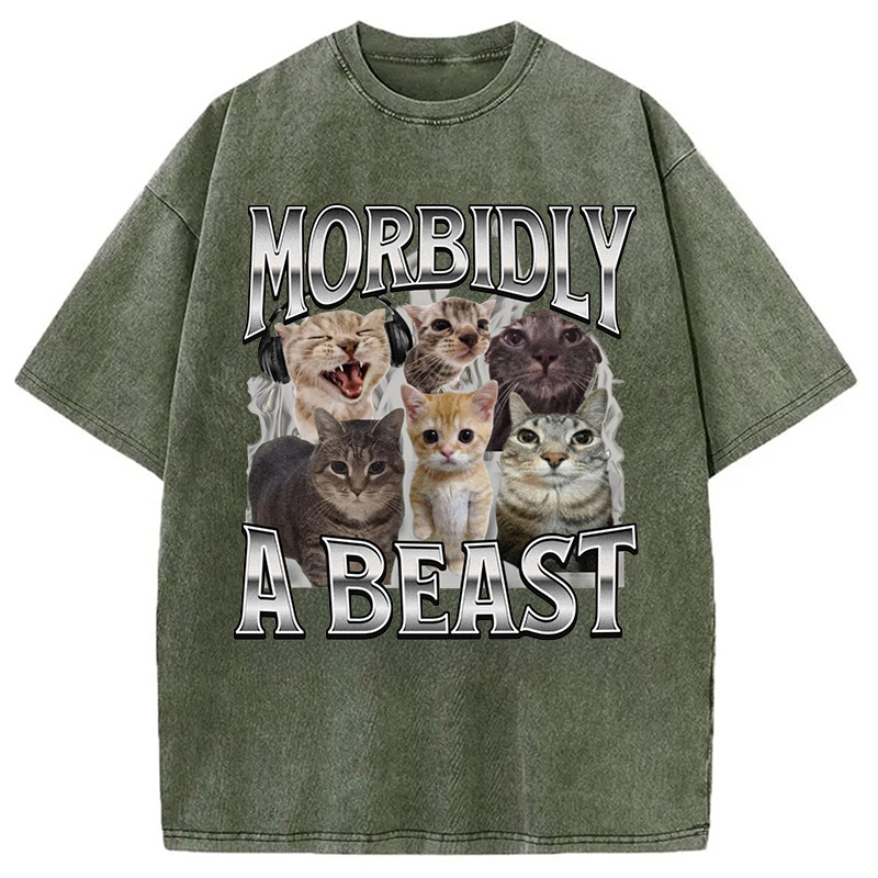 Modecanvas Morbidly A Beast Cat Meme Washed T-Shirt
