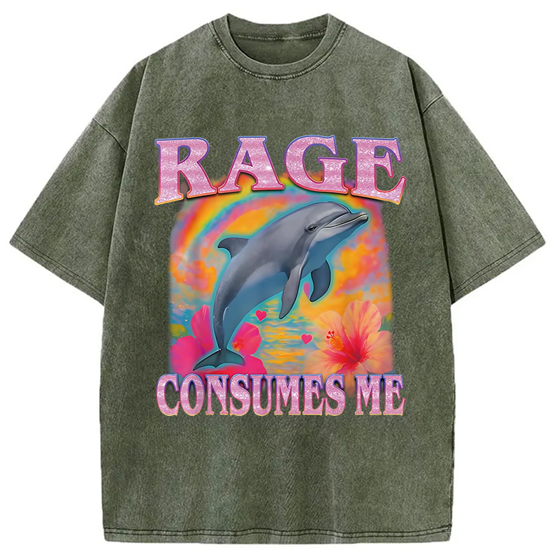 Modecanvas Rage Consumes Me Dolphin Meme Washed T-Shirt