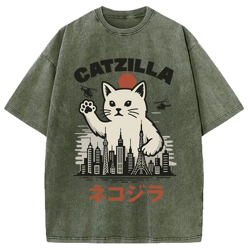 Modecanvas Feline Fury Over Tokyo Washed T-Shirt