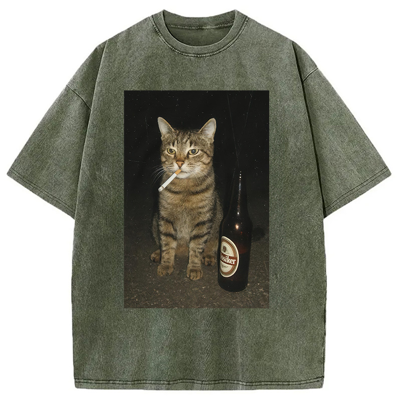 Modecanvas Vintage Cigarette Kitty Meme Washed T-Shirt-modecanvas