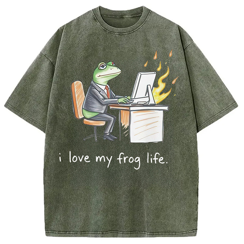 Modecanvas Office Burnout Funny Frog Meme Washed T-Shirt