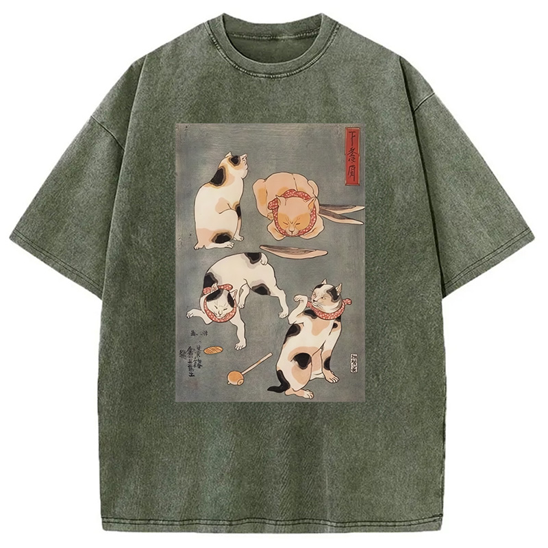 Modecanvas Japanese Four Cats Ukiyo-e Washed T-Shirt