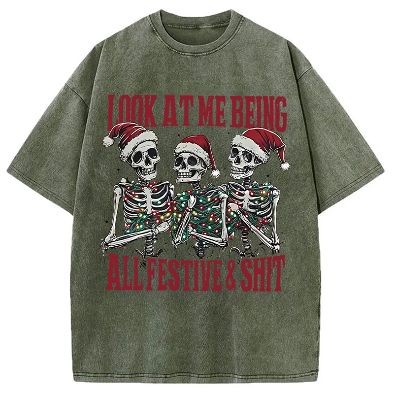Modecanvas Funny Christmas Skull Washed T-Shirt