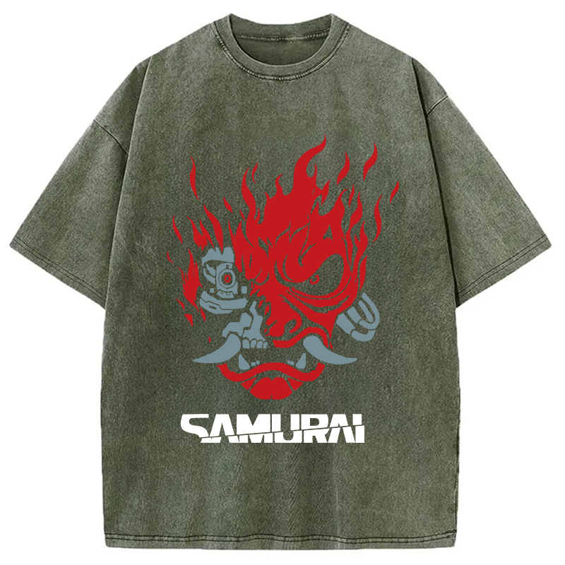 Modecanvas Vintage Samurai Retro Japanese DTG Printing Washed T-Shirt-modecanvas
