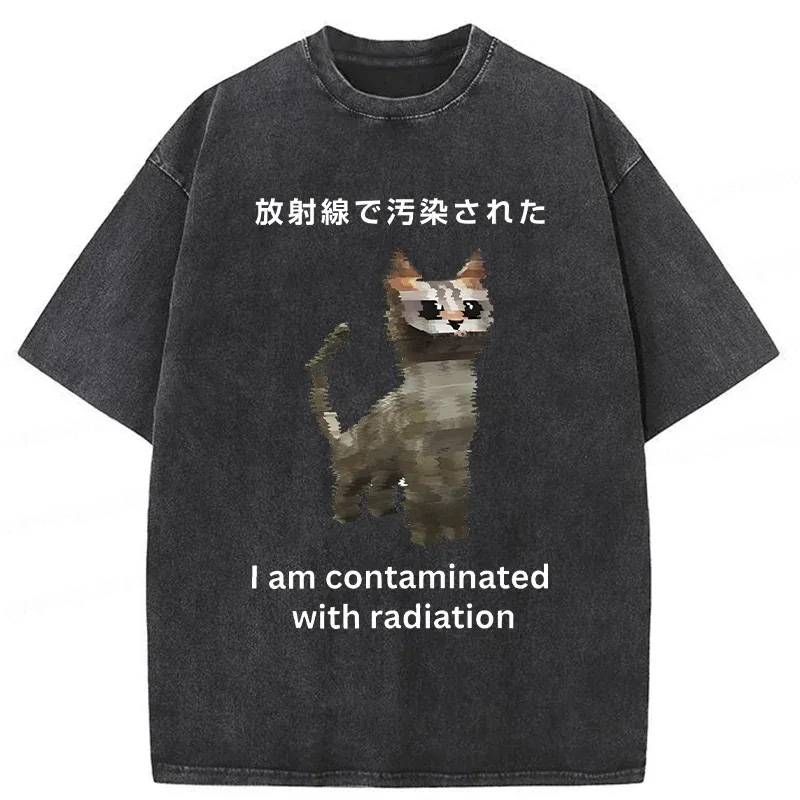 Modecanvas Irradiated Cat Funny Washed T-Shirt