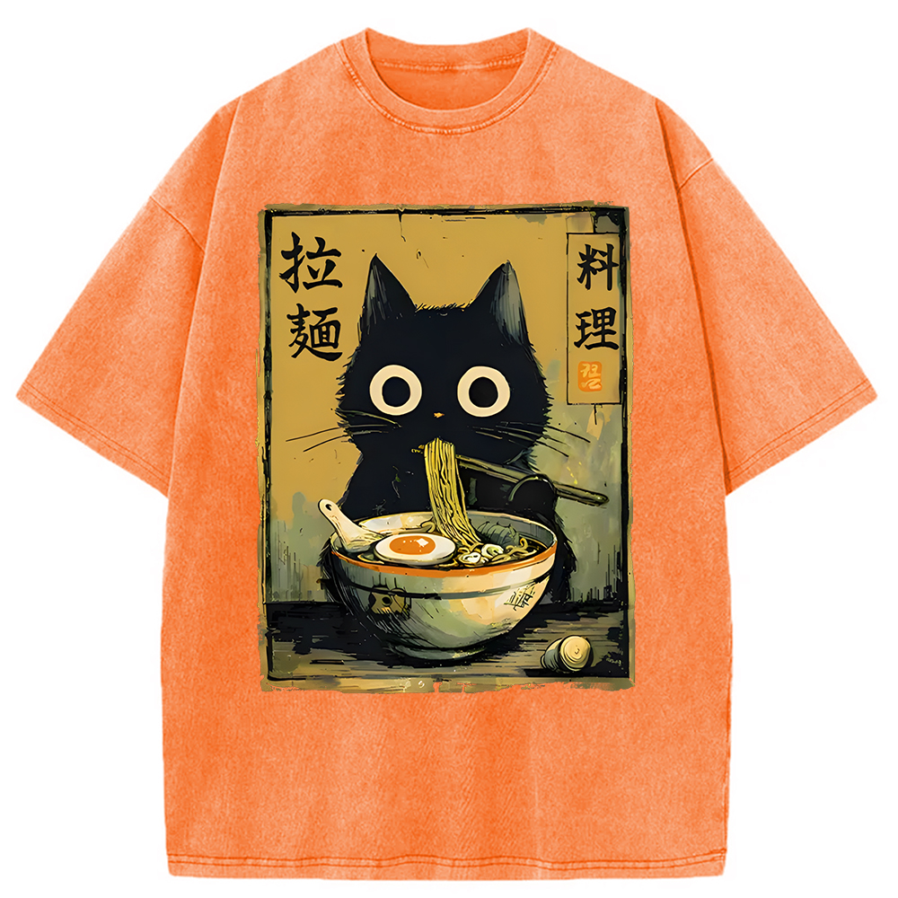 Modecanvas Cute Black Cat Eating Ramen Washed T-Shirt-modecanvas