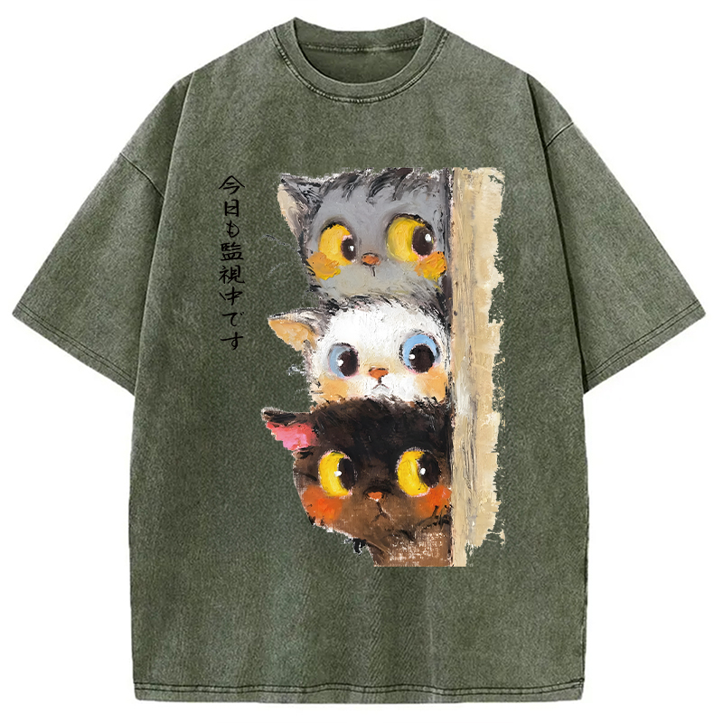 Modecanvas Three Cats Secretly Monitor Washed T-Shirt
