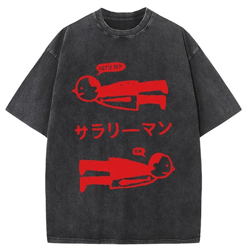 Modecanvas Let's Fly Office Worker Washed T-Shirt-modecanvas