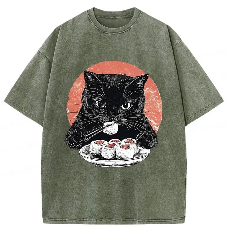 Modecanvas Cat Eating Delicious Sushi Washed T-Shirt