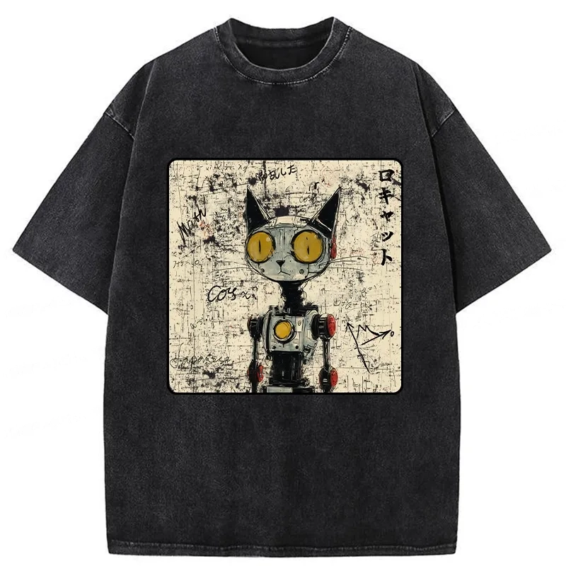 Modecanvas Robot Cat Washed T-Shirt