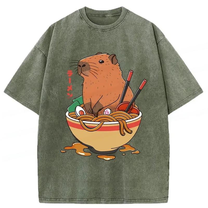 Modecanvas Capybara Ramen Funny Washed T-Shirt-modecanvas