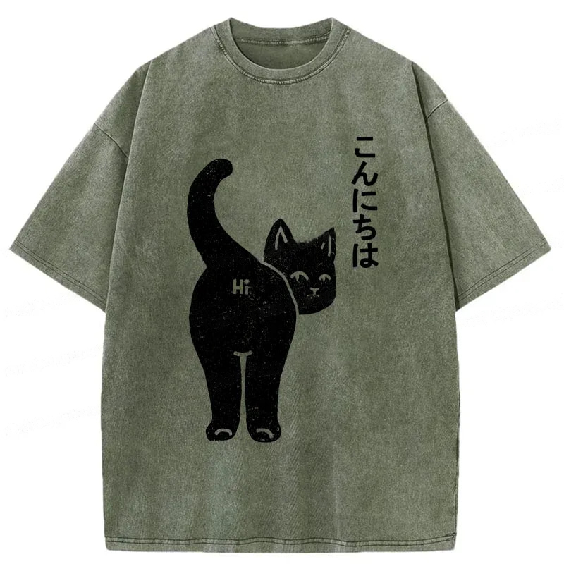 Modecanvas Cat Saying Hi Washed T-Shirt