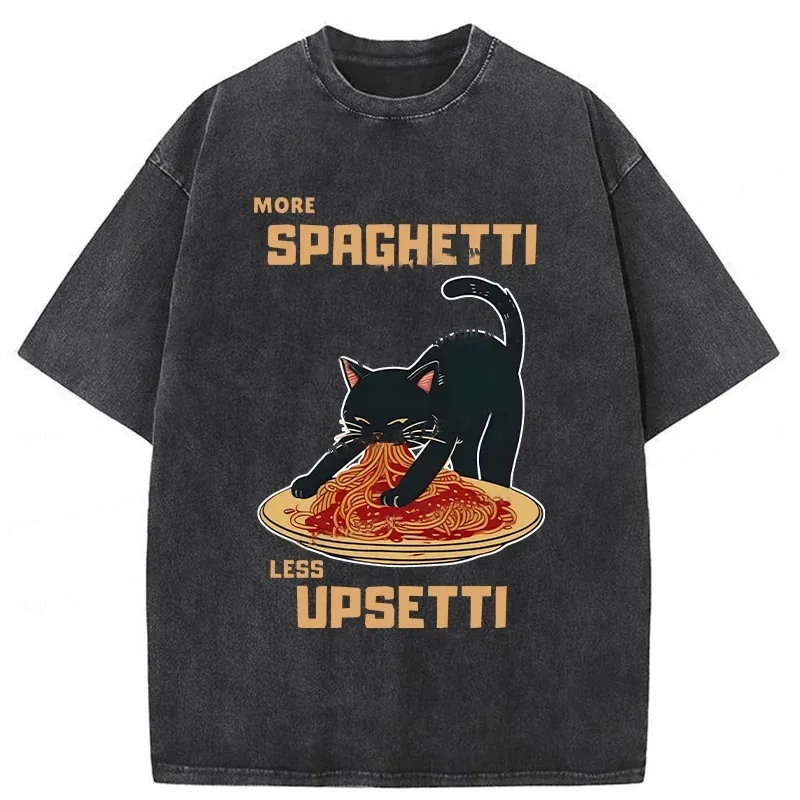Modecanvas Cat Eating Spaghetti Funny Washed T-Shirt-modecanvas