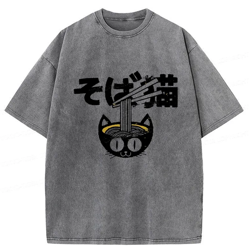 Modecanvas Cat Ramen Bowl Washed T-Shirt