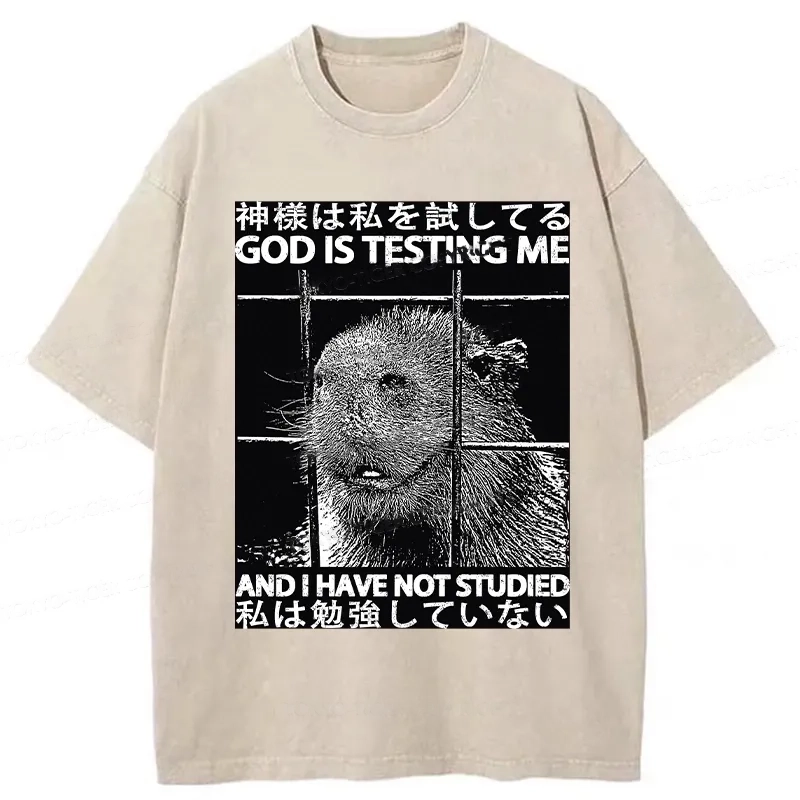 Modecanvas God Is Testing Me Washed T-Shirt-modecanvas