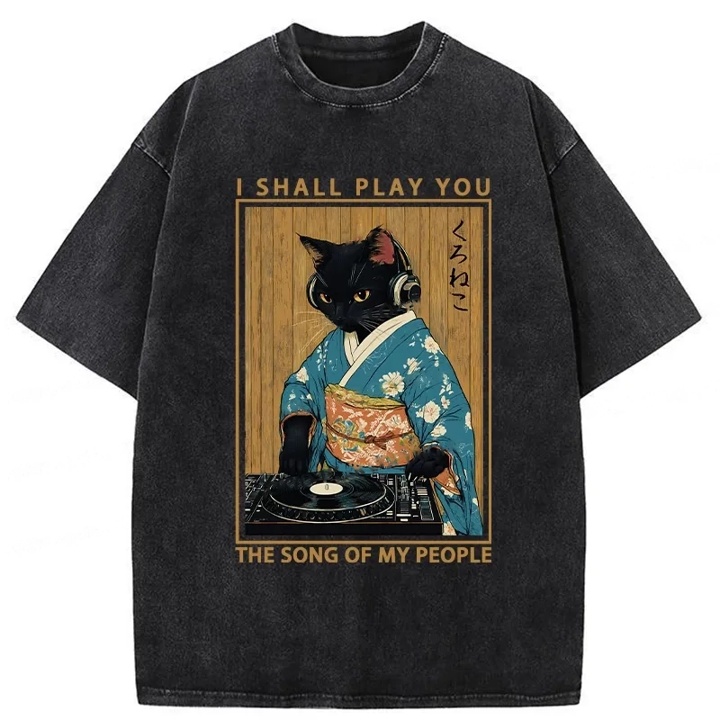 Modecanvas Funny Playing Music Black Cat Washed T-Shirt-modecanvas