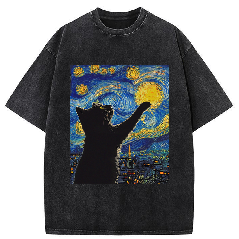 Modecanvas Black Cat Touch The Moon Washed T-Shirt