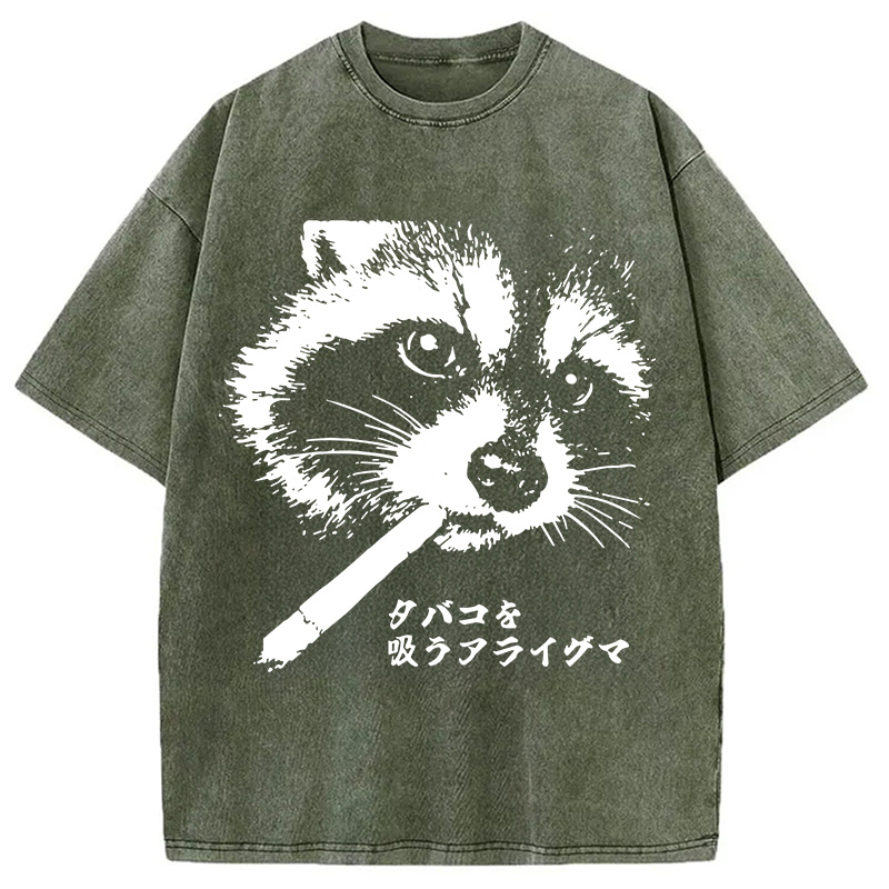 Modecanvas Somking Raccoon DTG Printing Washed T-Shirt-modecanvas