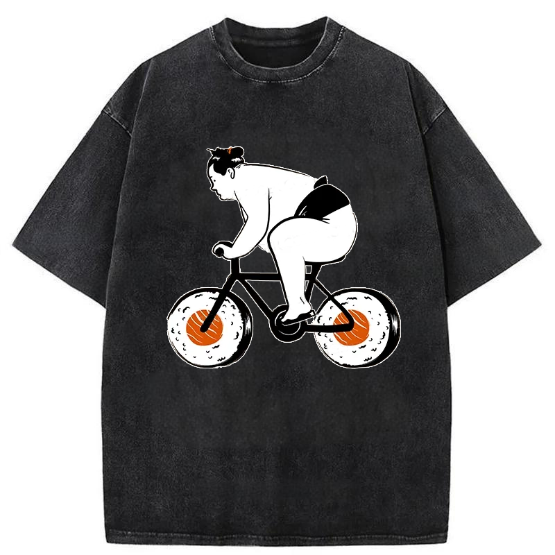 Modecanvas Sumo Riding A Sushi Bike Washed T-Shirt