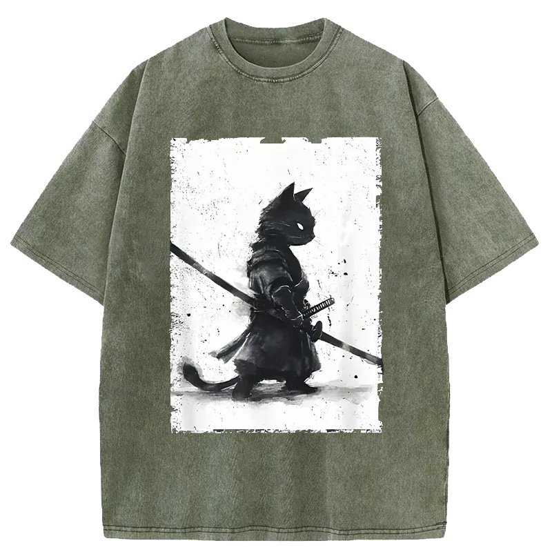 Modecanvas Retro Cat Samurai Japanese Washed T-Shirt-modecanvas