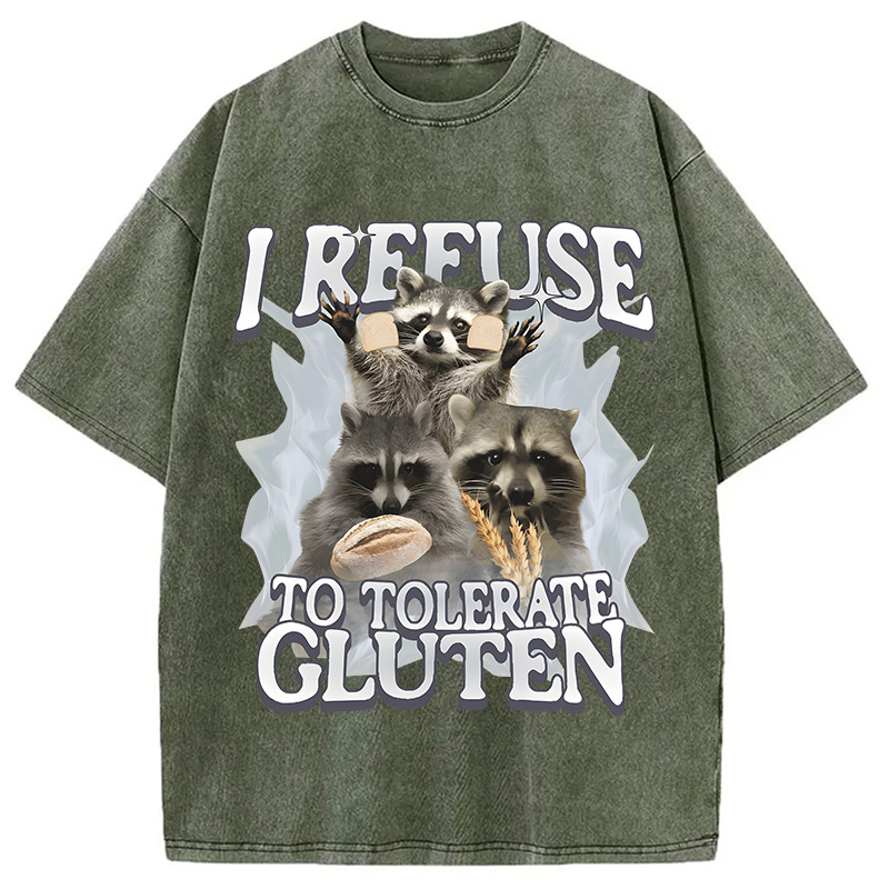 Modecanvas Refuse to Tolerate Gluten Funny Raccoon Meme Washed T-Shirt