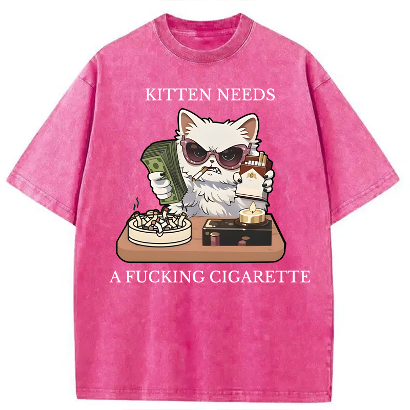 Modecanvas Kitten Needs A Fucking Cigarette DTG Printing Washed T-Shirt