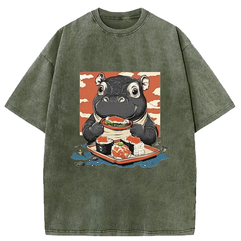 Modecanvas Moo Deng Eat Sushi Washed T-Shirt