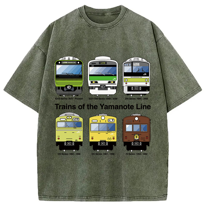 Modecanvas Trains of the Yamanote Line DTG Printing Washed T-Shirt