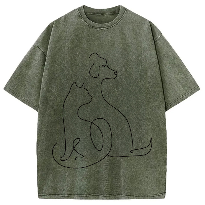 Modecanvas Minimalist Cat and Dog DTG Printing Washed T-Shirt