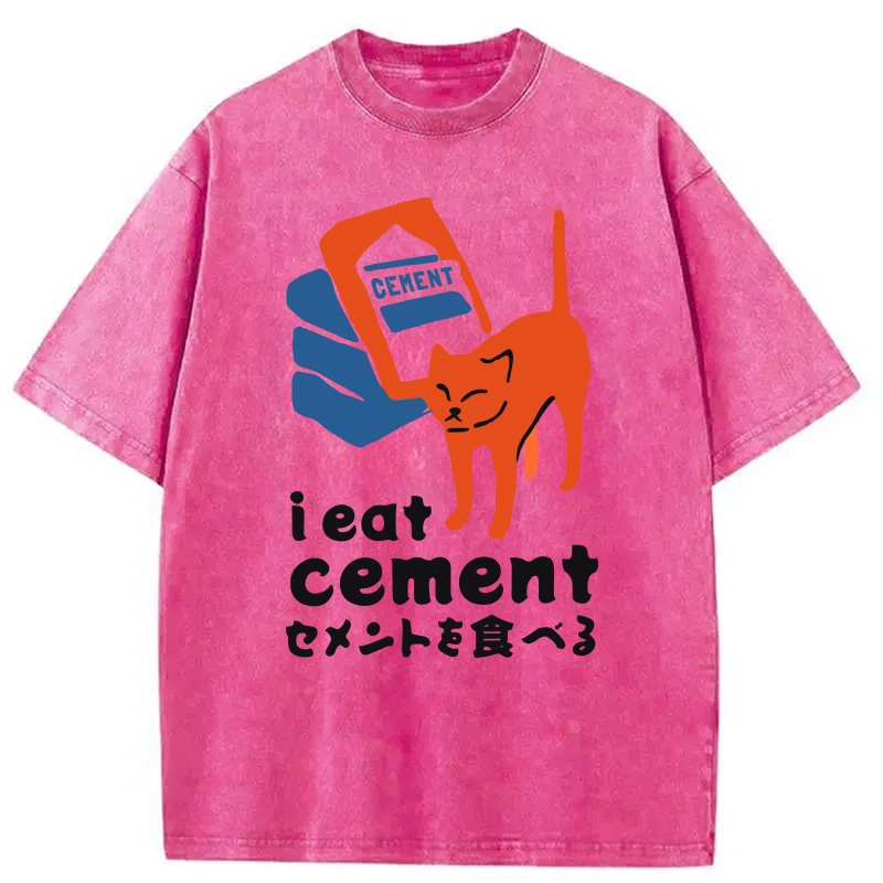 Modecanvas I Eat Cement Meme Cat Washed T-Shirt-modecanvas