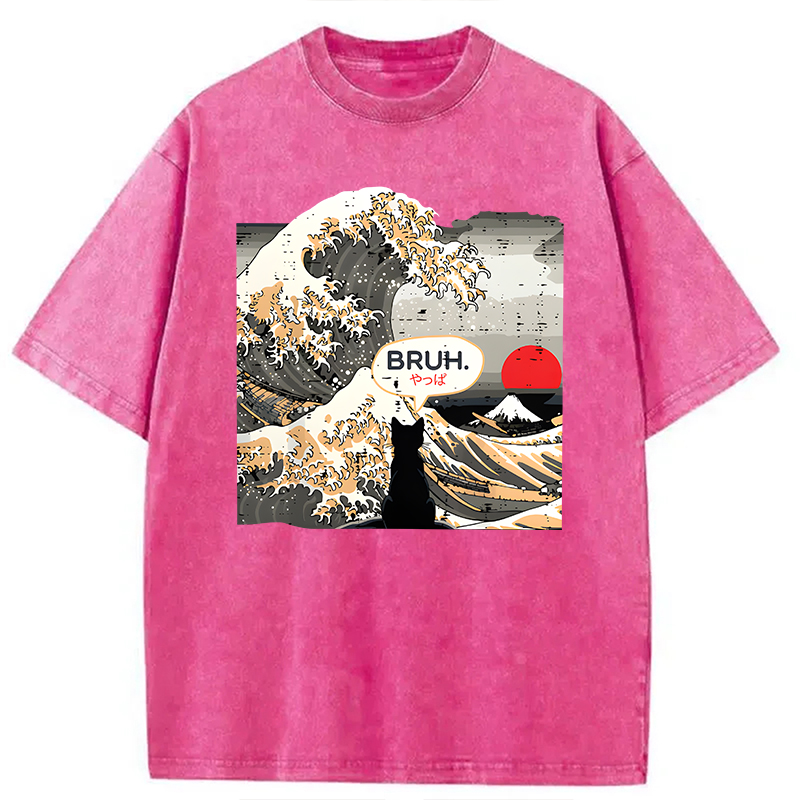 Modecanvas Bruh Cat Great Wave DTG Printing Washed T-Shirt
