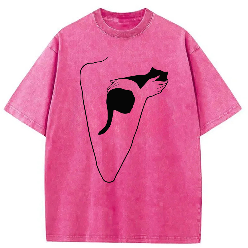 Modecanvas Minimalist Art Cat Hug DTG Printing Washed T-Shirt