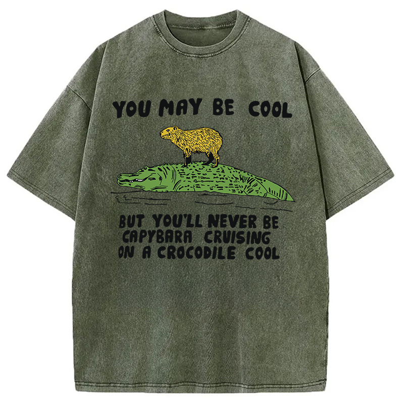 Modecanvas Funny Capybara Riding Crocodile DTG Printing Washed T-Shirt