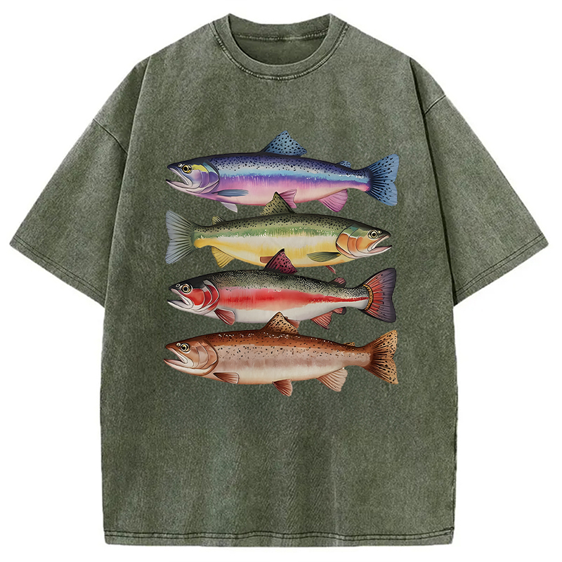 Modecanvas Colorful Rainbow Trout Fish DTG Printing Washed T-Shirt