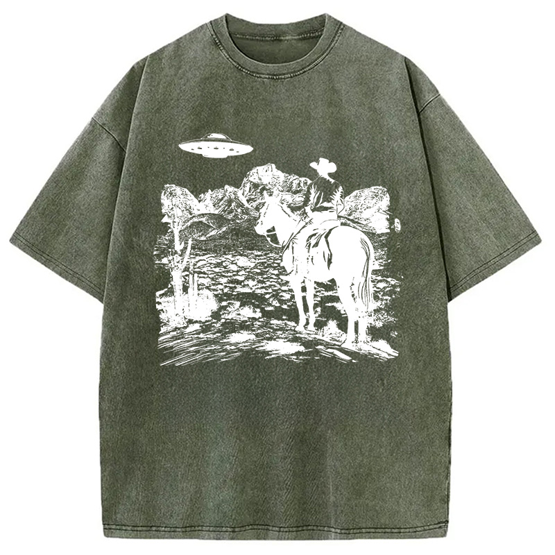 Modecanvas Ufo Western Vintage Cowboy DTG Printing Washed T-Shirt
