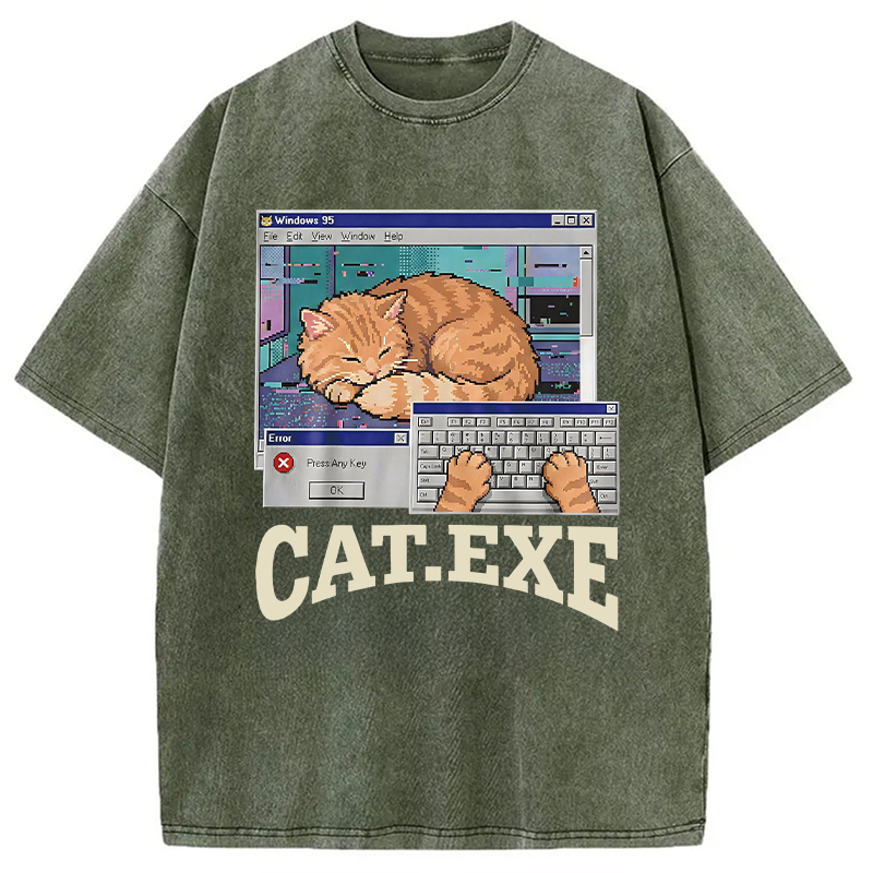 Modecanvas Cat Exe DTG Printing Washed T-Shirt-modecanvas