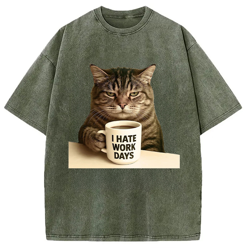 Modecanvas Grumpy Cat Coffee DTG Printing Washed T-Shirt-modecanvas
