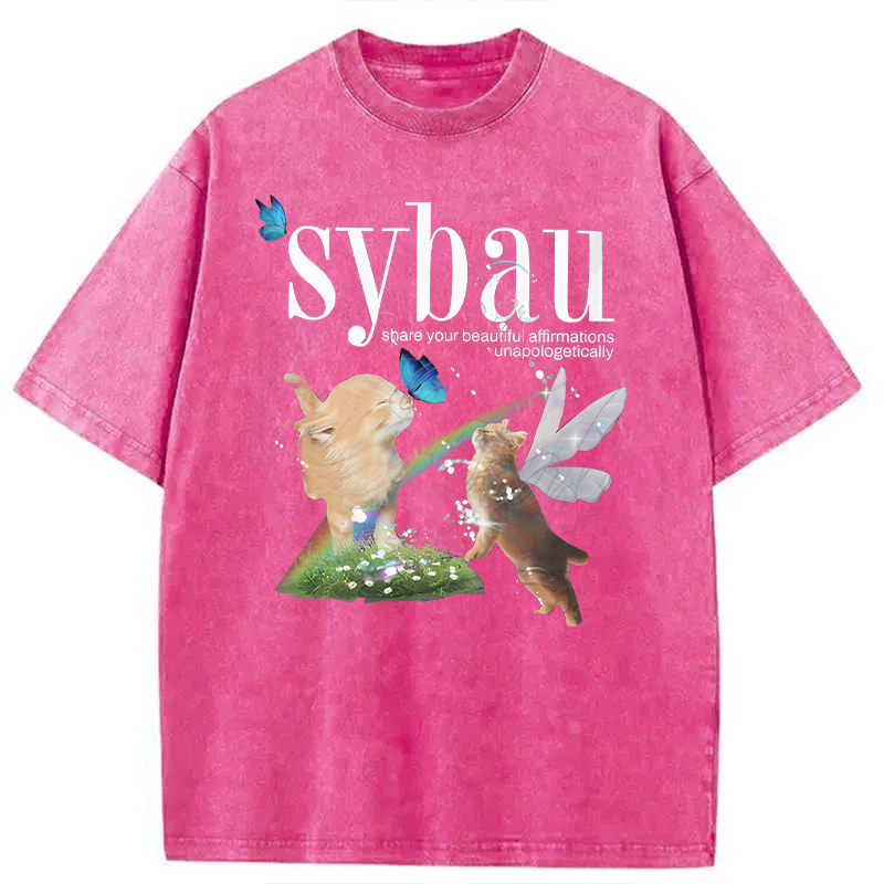 Modecanvas Cat Fairy SYBAU DTG Printing Washed T-Shirt-modecanvas