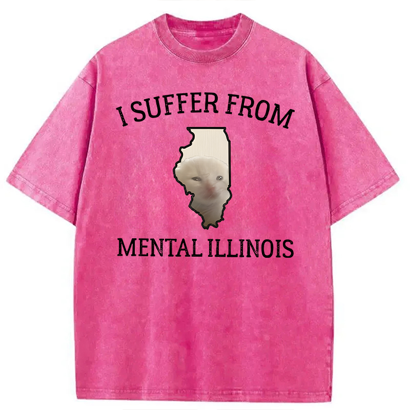 Modecanvas Mental Illinois Depressed Cat DTG Printing Washed T-Shirt-modecanvas