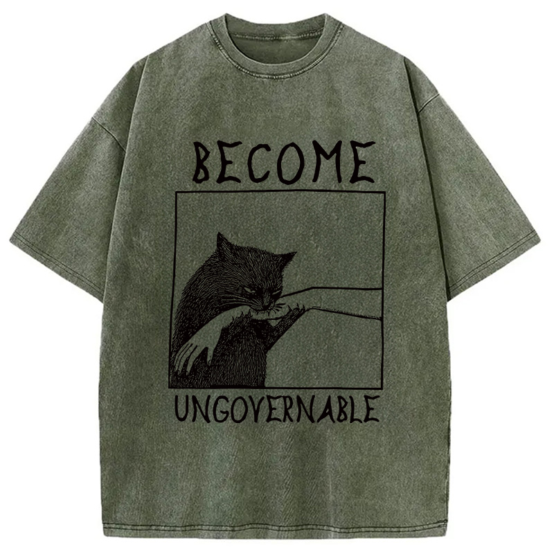 Modecanvas Cat Biting Arm Washed T-Shirt-modecanvas