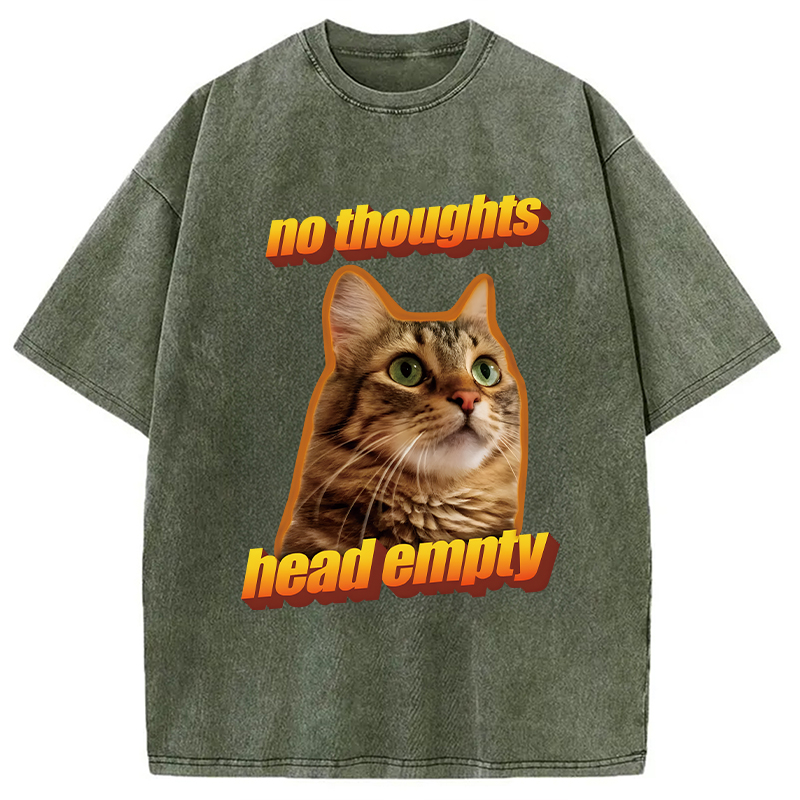 Modecanvas No Thoughts Head Empty Cat Meme DTG Printing Washed T-Shirt-modecanvas