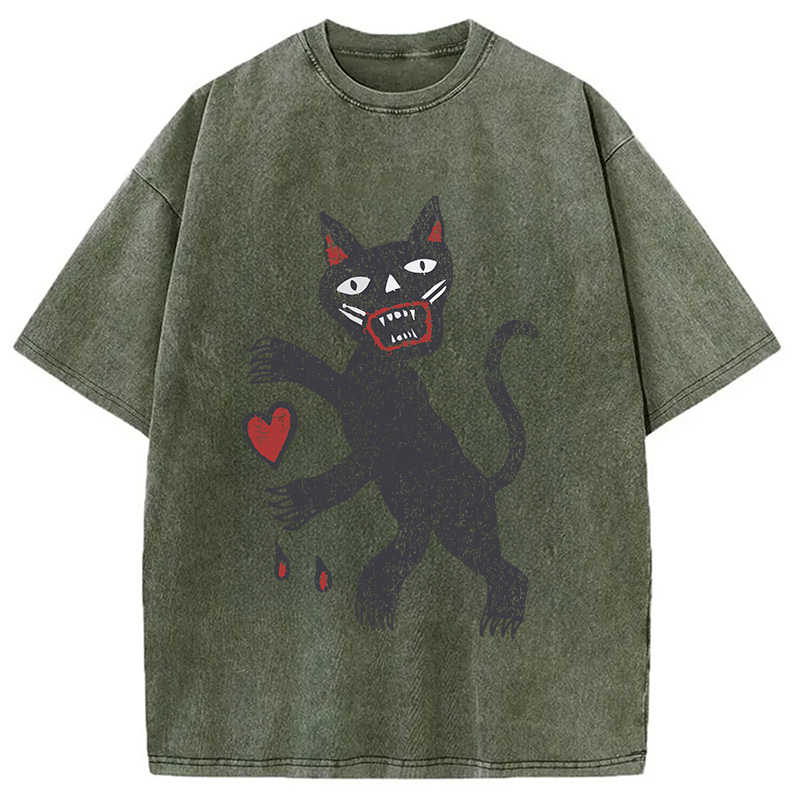 Modecanvas Black Cat Art DTG Printing Washed T-Shirt-modecanvas