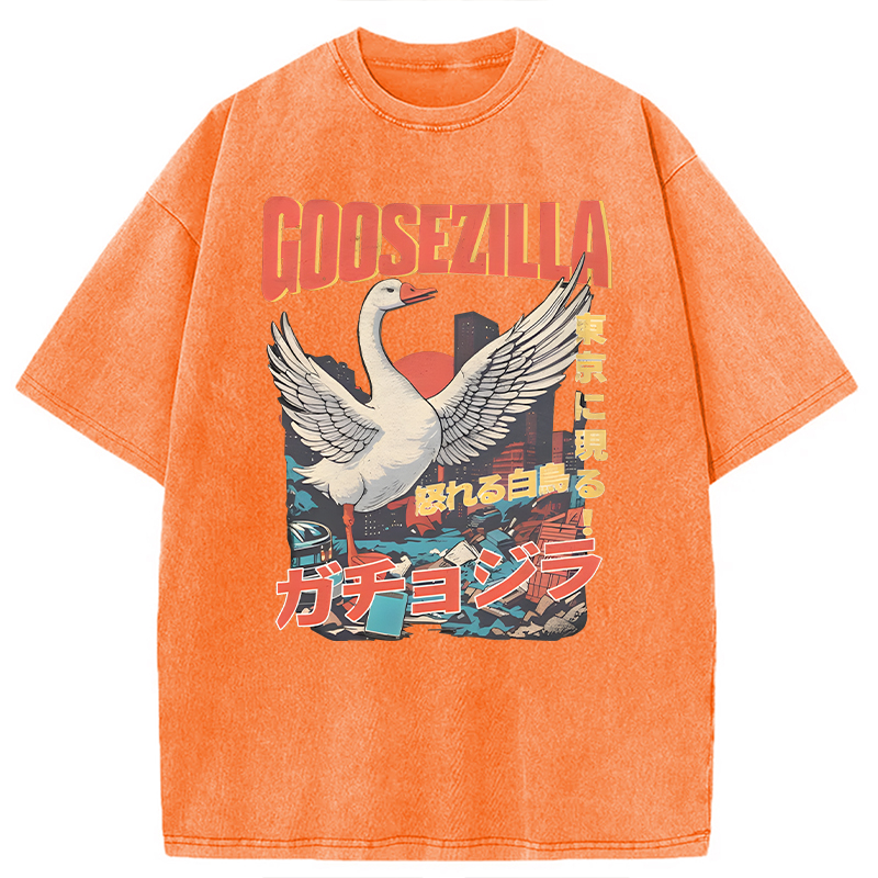 Modecanvas Goosezilla Funny Goose DTG Printing Washed T-Shirt-modecanvas